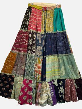 Nwt FUNKY STUFF boho hippy patch rayon elastic waist maxi SKIRT L